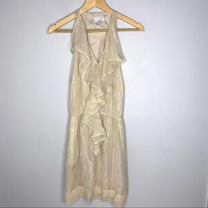 Greylin Dress Women Medium Gold Metallic Silk Ruffle Sleeveless With Pockets *